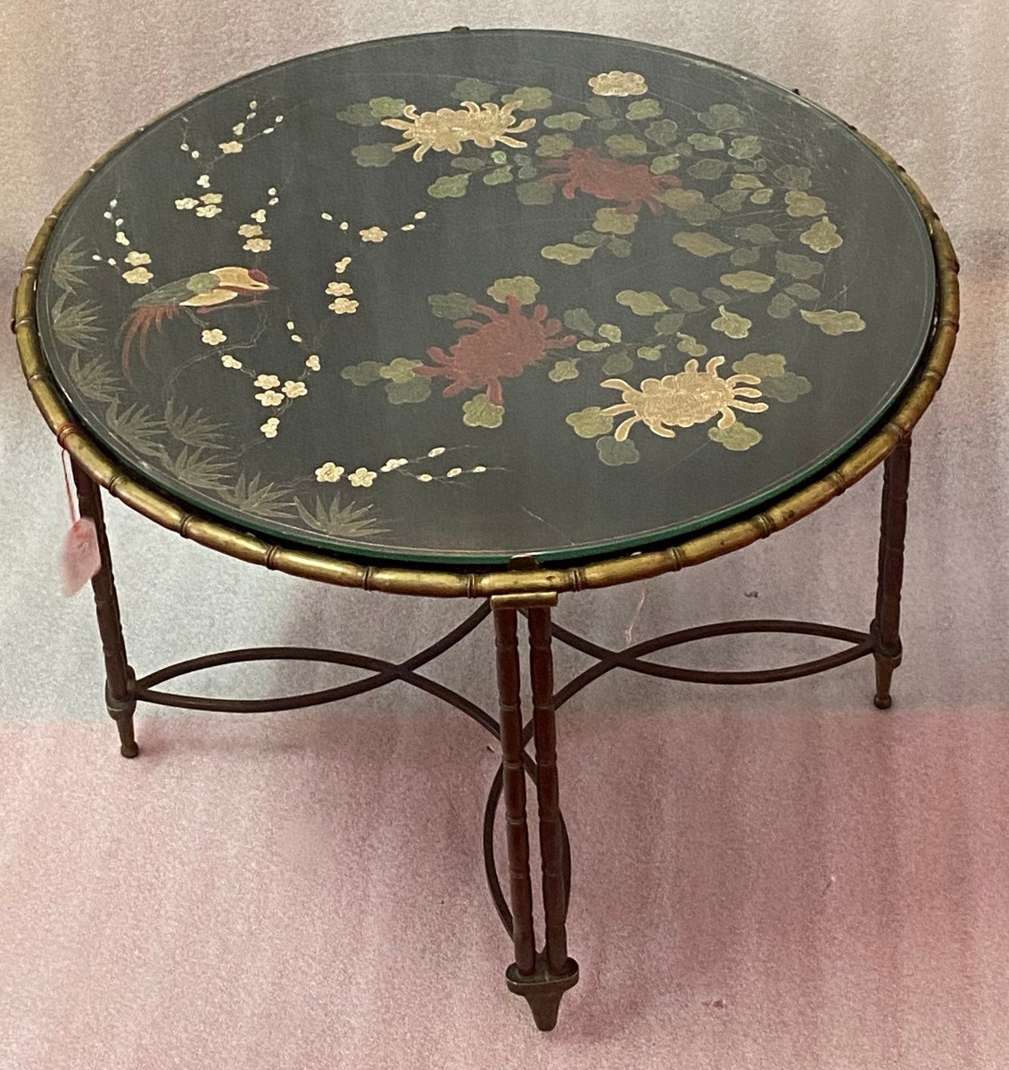 1950/70′ Round Bronze Coffee Table Palm Tree Decor, Black Chinese Lacquer Tray Dlg Maison Baguès-photo-3