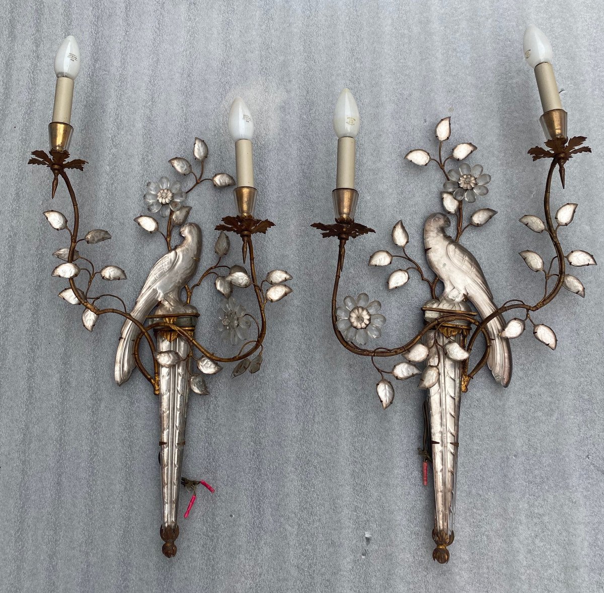 1950/70′ Pair Of Sconces With The Parrot Placed On A Sheath, Maison Baguès H 63 Cm-photo-2