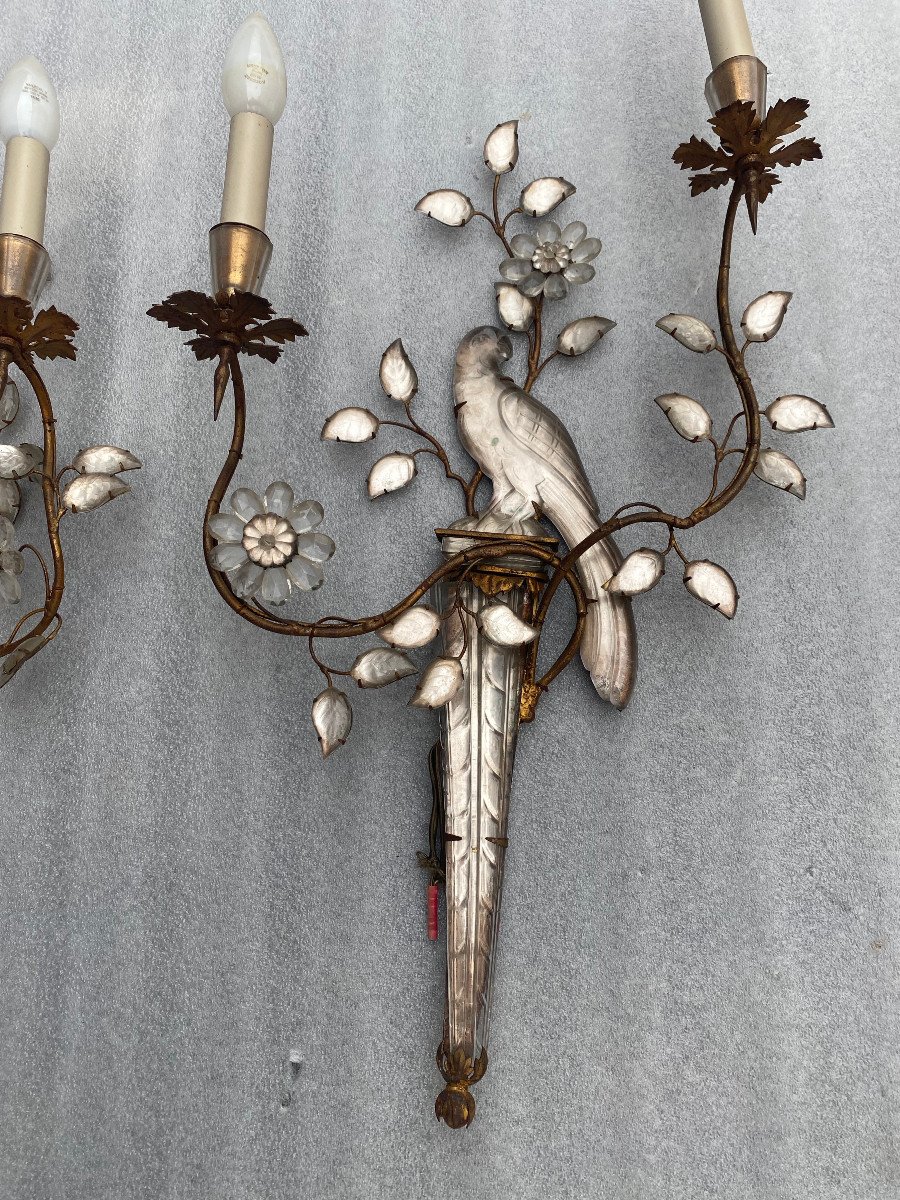 1950/70′ Pair Of Sconces With The Parrot Placed On A Sheath, Maison Baguès H 63 Cm-photo-3