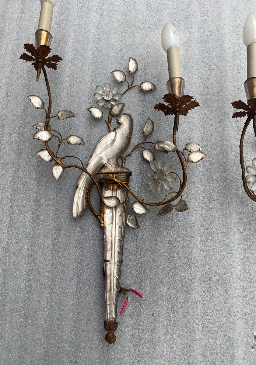 1950/70′ Pair Of Sconces With The Parrot Placed On A Sheath, Maison Baguès H 63 Cm-photo-4