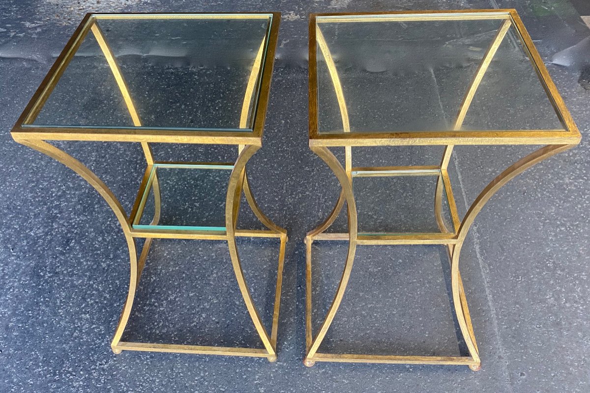 1950/70 Pair Of Pedestal Tables By Roger Thibier In Golden Wrought Iron Al 'or