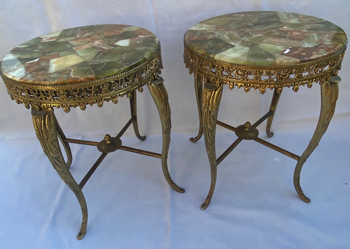 1970′ Pair Of Gilt Bronze Pedestal Lxv Style Onyx Marquetry Trays H 46, ø 37 Cm-photo-3