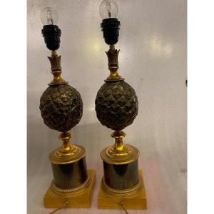 1950/70 Pair Of Pineapple Lamps In Bronze Maison Charles Unsigned