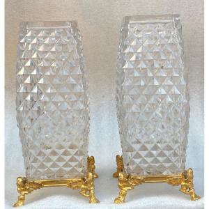 1880′ Pair Of Baccarat Vases, l'Escalier De Cristal, Japanese Period, Gilt Bronze H 28