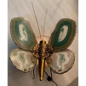 1970 'butterfly Wall Lamp In Bronze Or Brass, Duval Brasseur Or Isabelle Faure,   Agates Wings