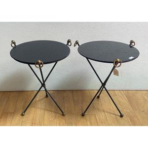 1940/50′ Pair Or Similar Wrought Iron And Brass Pedestal Tables Jacques Adnet Style Diameter 50 Cm