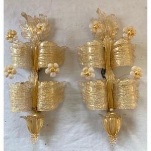 1970/80′ Pair Of Sconces In Murano Glass Or Crystal Barovier & Toso Butterfly Shape H 79