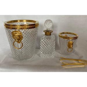 1970′ Seau A Champagne,a Glaçons Et Flacon Cristal Pointes De Diamant Avec Tétes De Lion Bronze
