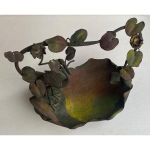 1900′ Art Nouveau Patinated Bronze Fruit Basket, Japanese Crane And Water Lilies 47 X 58 Xh 54 Cm