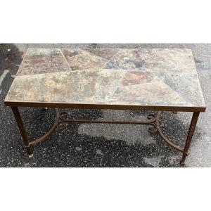 1950/70 Table Basse Fer Forgé Avec Entretoise Plateau Ardoise De Correze 90,5 X 45,5 X H 45 Cm