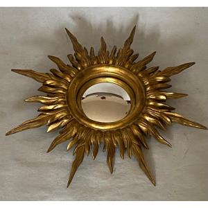 1950/70 ‘ Miroir Soleil Convexe, Bois Doré – Diamètre 50 Cm