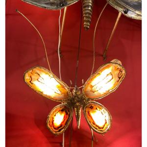 1970' Butterfly Wall Lamp In Bronze, Duval Brasseur Or Isabelle Faure, Agate Wings: 28 Xh 60 Cm
