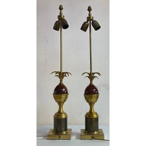 1970′ Pair Of Maison Charles Style Bronze Lamps With Amber Colored Bakelite Egg