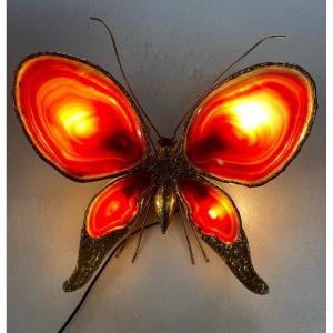 1970' Bronze Butterfly Wall Lamp, Duval Brasseur Or Isabelle Faure, 4 Bulbs, Agate Wings