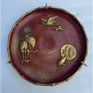 1850′ Bronze Plate With Japanese Patterns Bamboo Decor By Alphonse Giroux (1776-1848)