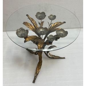 1970′ Tripod Pedestal Table With Anemones In Golden And Silver Iron By Hans Kogl