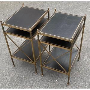 1950/70′ Pair Of 3-tier Brass Shelves Leather Maison Baguès With Crossbars 32 X40 Xh 63