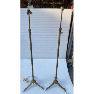 1970′ Pair Of Patinated Bronze Floor Lamps Maison Charles Palmier Model