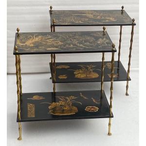 1950′ Paire De Tables Maison Baguès Décor Bambou  Bronze Doré  Et Laques De Chine 60 X 36 H 63