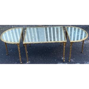 1970′ Table Tripartite Maison Charles, Jansen Ou Baguès Décor Palmier  Bronze Doré Miroirs Agés