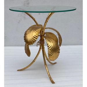 1970′ Tripod Pedestal Table Bamboo Decor In Gilded Iron By Hans Kogl ø 50 H 50 Cm