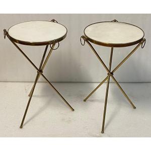 1950′ Pair Of Gilded Brass And Carrara Marble Gueridons Jacques Adnet Style Diam 37 Cm H 55 Cm