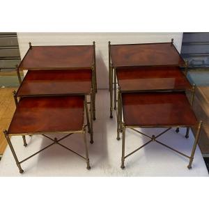 1970′ Pair Of Series Of 3 Nesting Tables Maison Baguès Gilt Bronze, Amber Bakelite Tops