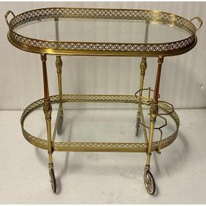 1970′ Rolling Bar In Bronze And Gilded Brass Maison Baguès Oval Trays