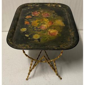 1950′ Coffee Table Painted Iron Tray Maison Bagués In Bronze Bamboo Decor