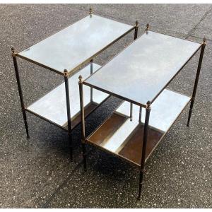 1970′ Pair Of Maison Baguès Side Tables Aged Oxidized Mirror Trays 34 X 64 Xh 59 Cm