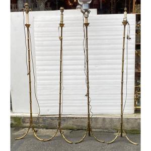 1970′ Série De 4 Lampadaires En Bronze Maison Jansen Modèle Bambou H 160 Cm