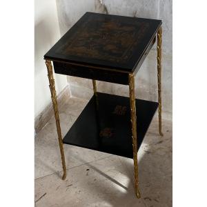 1950/70 ′ Table Maison Baguès Décor Palmier  Bronze Doré Avec Plateaux Laque De Chine  35 X 40 