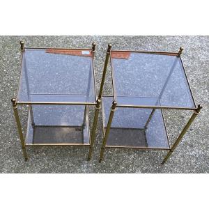 1970′ Pair Of Bronze Sofa Ends Maison Bagués Smoked Glass Trays 40 X 40x H 57 Cm