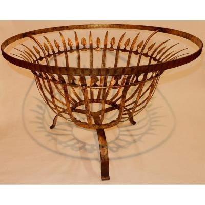 1950/70 'round Coffee Table In Golden Iron Feuilles D Or Decor Reed Leaves Diameter 74 Cm