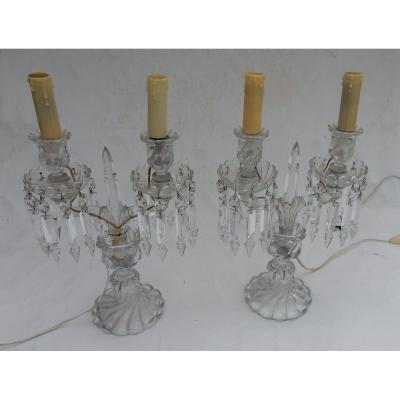 1950 ′ Pair Of Electrified Baccarat Candlesticks Tors Model, Signed Baccarat Stamp