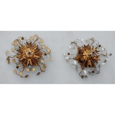 1970 ′ Pair Of 2 Ceiling Lights Decorated With Flowers And Metal Leaves Glass Leaves