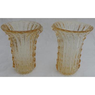 1970′ 1970′ Paire Ou Similaires De Vases, Cristal Murano Avec Paillons D’or, Signés Murano Toso