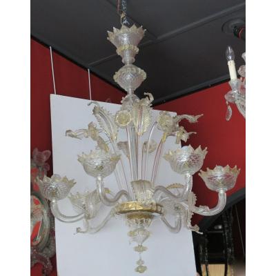 1900/20 Lustre Cristal Murano Avec Inclusions Feuilles D’or 6 Branches