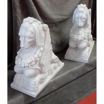 1950 ′ Pair Of Sphinges In White Statuary Marble