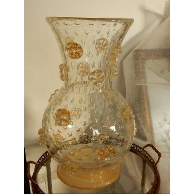 1950 ′ Barovier & Toso Style Murano Crystal Vase With Unsigned Gold Paillons