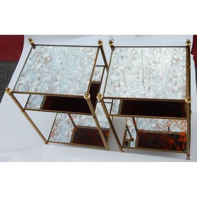 1950/70′ Paire D’Étagères En Laiton à 3 Niveaux Maison Baguès Plateaux Miroirs Vieillis Oxydés