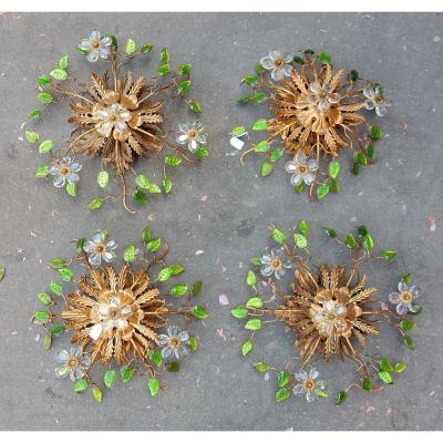 1970' Série De 2 Appliques à Décor De Fleurs Et Feuilles En Métal Doré Et Verre Vert 