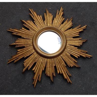 1950 ′ Convex Sun Mirror, Golden Wood 70 Cm