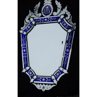 1950’/70 Miroir Venise Octogonal à Fronton Avec Cadre En Verre Bleu Ornées De Fleurs