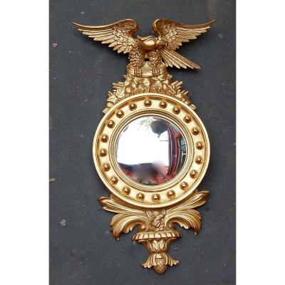 1950/70 ′ Convex Mirror With Eagle, Golden Wood H 97 Cm
