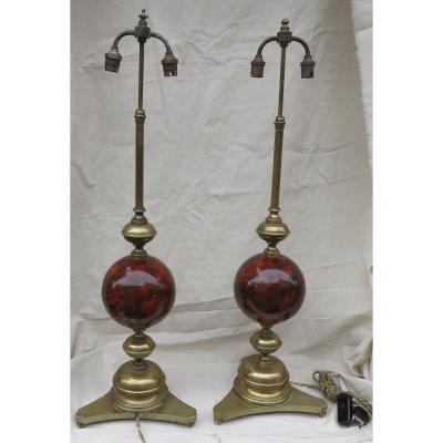 1890′ Paire De Lampes Bronze Et Boules En Fer Peint En Faux Marbre Griotte