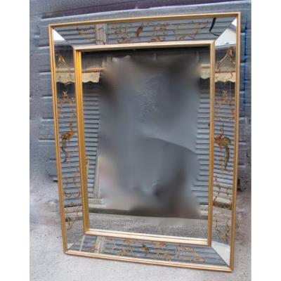 1950/70′ Miroir Églomisé Aux Oiseaux Lyre 100 X 75 X 5,5 Cm