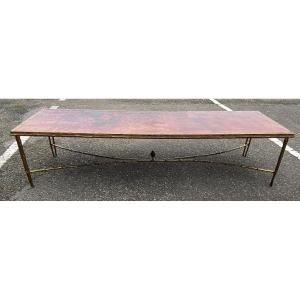 1970′ Table Basse Double Piétement Bronze Modèle Bambou Maison Baguès Laque De Chine 168x55x38