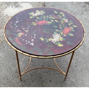 1950/70′ Table Basse Ronde Bronze Décor Palmier Plateau Laque De Chine Rouge Dlg Maison Baguès