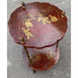 1950/70 ′ Maison Baguès Pedestal Table Bamboo Gilt Bronze Decor, Red And Gold Chinese Lacquer Trays